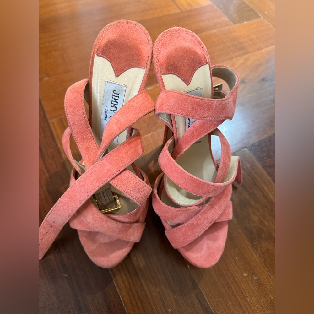 Jimmy Choo Women’s vamp suede strappy ankle heels. Pink size 36.6